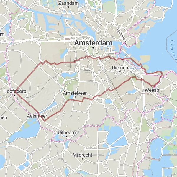 Map miniature of "Lijnden and Zuidoost Gravel Adventure" cycling inspiration in Noord-Holland, Netherlands. Generated by Tarmacs.app cycling route planner