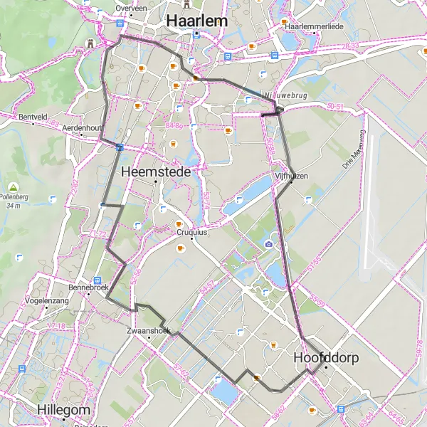 Map miniature of "Zwaanshoek and Vijfhuizen Road Ride" cycling inspiration in Noord-Holland, Netherlands. Generated by Tarmacs.app cycling route planner