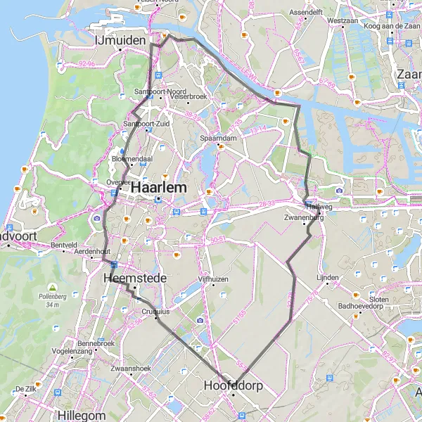 Map miniature of "Hoofddorp and Surrounds Historic Ride" cycling inspiration in Noord-Holland, Netherlands. Generated by Tarmacs.app cycling route planner