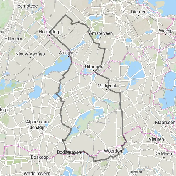 Miniatuurkaart van de fietsinspiratie "Wegroute Hoofddorp - Aarlanderveen" in Noord-Holland, Netherlands. Gemaakt door de Tarmacs.app fietsrouteplanner