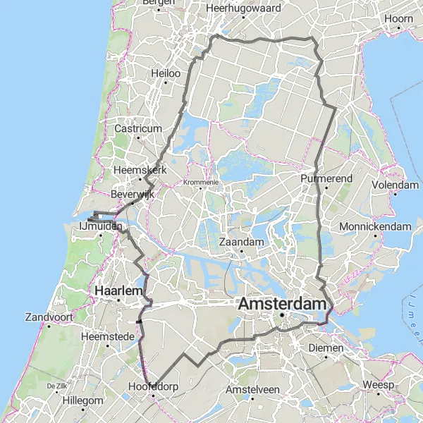 Map miniature of "Hoofddorp and Surrounds Scenic Loop" cycling inspiration in Noord-Holland, Netherlands. Generated by Tarmacs.app cycling route planner