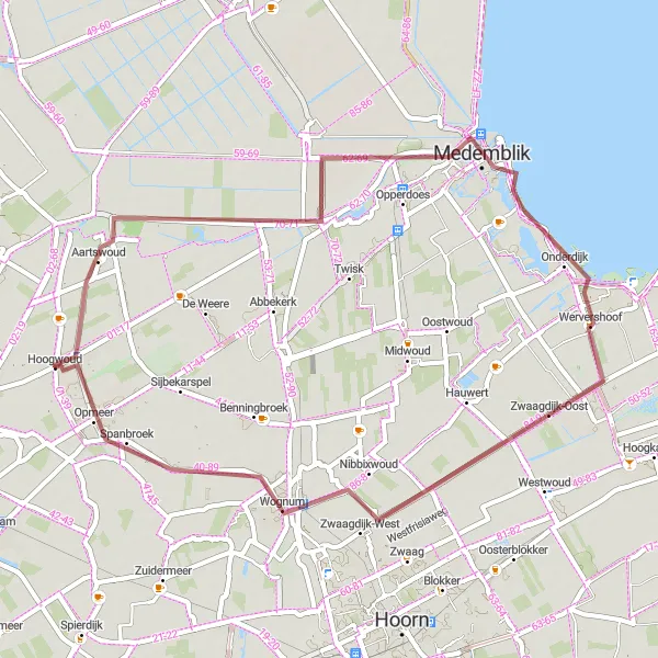 Map miniature of "Hoogwoud - Lambertshaag - Wervershoof - Wognum - Opmeer" cycling inspiration in Noord-Holland, Netherlands. Generated by Tarmacs.app cycling route planner