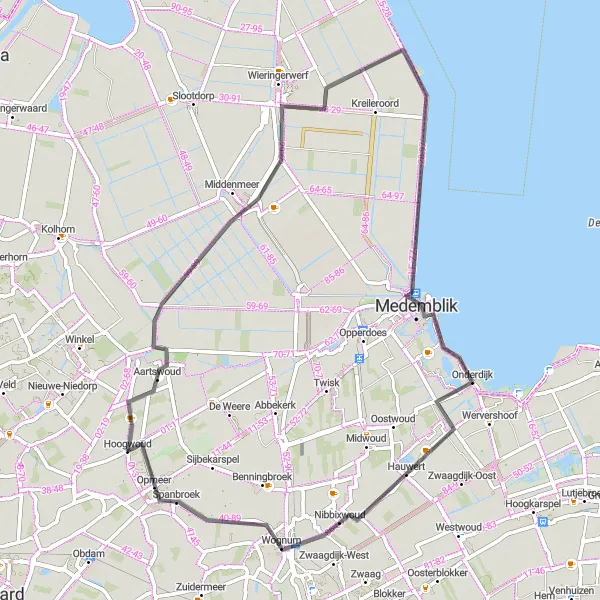 Map miniature of "Hoogwoud - Aartswoud - Wieringerwerf - Medemblik - Nibbixwoud - Opmeer" cycling inspiration in Noord-Holland, Netherlands. Generated by Tarmacs.app cycling route planner