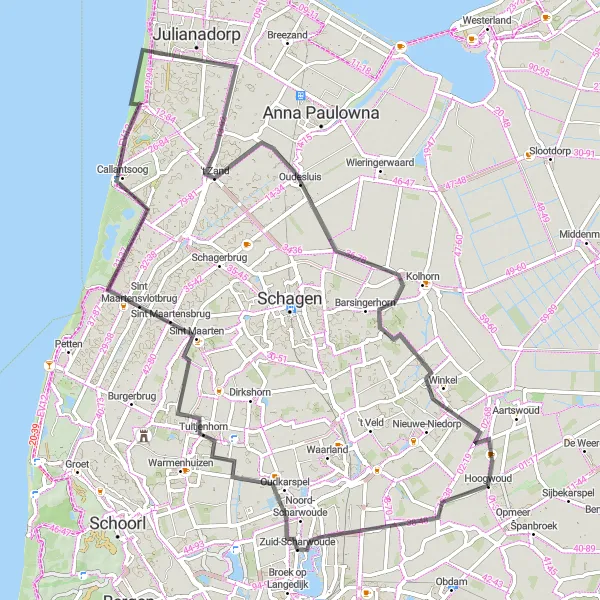 Map miniature of "Hoogwoud - Noord-Scharwoude - De Bult van Barnewiel - Sint Maarten - Botenhuis - Grote Kaap - Julianadorp - Oudesluis - Barsingerhorn" cycling inspiration in Noord-Holland, Netherlands. Generated by Tarmacs.app cycling route planner