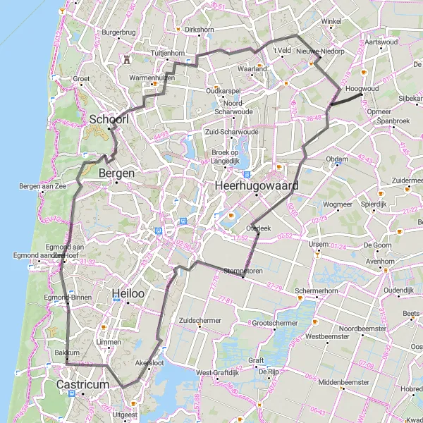 Map miniature of "Picturesque Road Cycling in Noord-Holland" cycling inspiration in Noord-Holland, Netherlands. Generated by Tarmacs.app cycling route planner