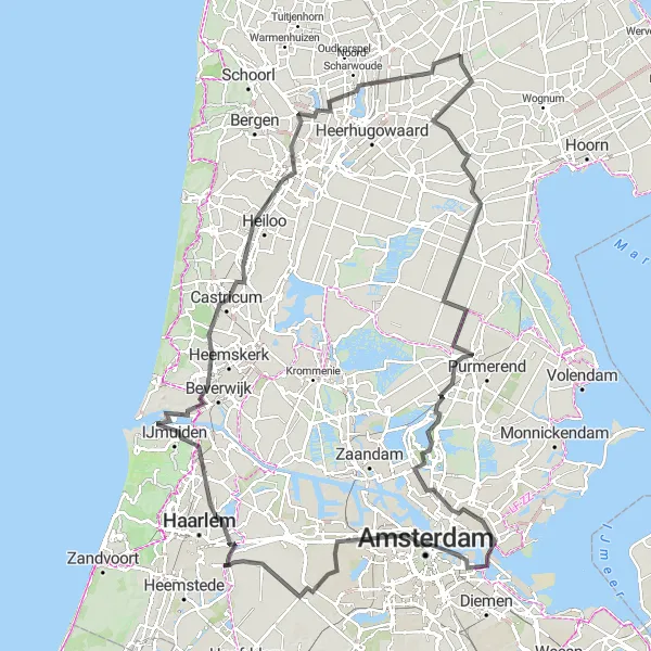 Miniatuurkaart van de fietsinspiratie "Route naar Amsterdam en IJmuiden" in Noord-Holland, Netherlands. Gemaakt door de Tarmacs.app fietsrouteplanner