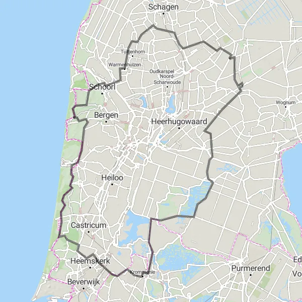 Map miniature of "Hoogwoud - Obdam - De Rijp - Heemskerk - Wimmenum - Klimduin - Schoorl - Groenveld - Hoogwoud" cycling inspiration in Noord-Holland, Netherlands. Generated by Tarmacs.app cycling route planner