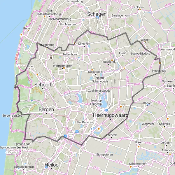 Map miniature of "Idyllic Ride through Noord-Holland Countryside" cycling inspiration in Noord-Holland, Netherlands. Generated by Tarmacs.app cycling route planner
