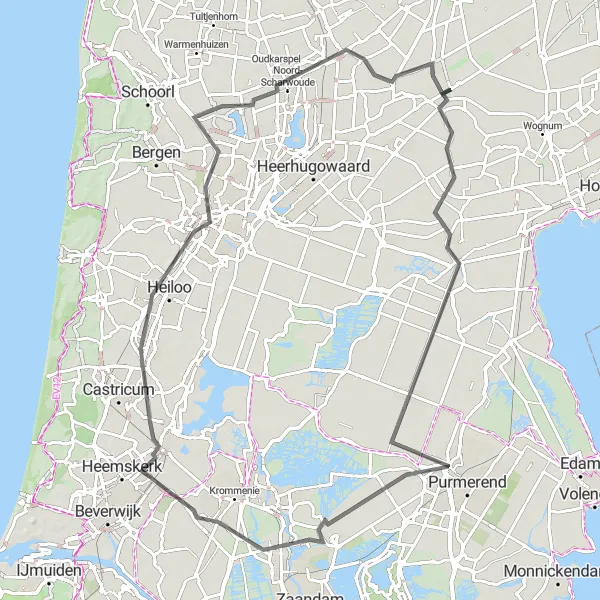 Miniatuurkaart van de fietsinspiratie "Route door pittoreske dorpen" in Noord-Holland, Netherlands. Gemaakt door de Tarmacs.app fietsrouteplanner