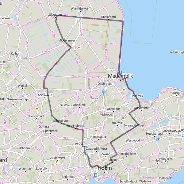 Map miniature of "Charming Villages and Picturesque Landscapes: A Leisurely Ride from Hoorn" cycling inspiration in Noord-Holland, Netherlands. Generated by Tarmacs.app cycling route planner