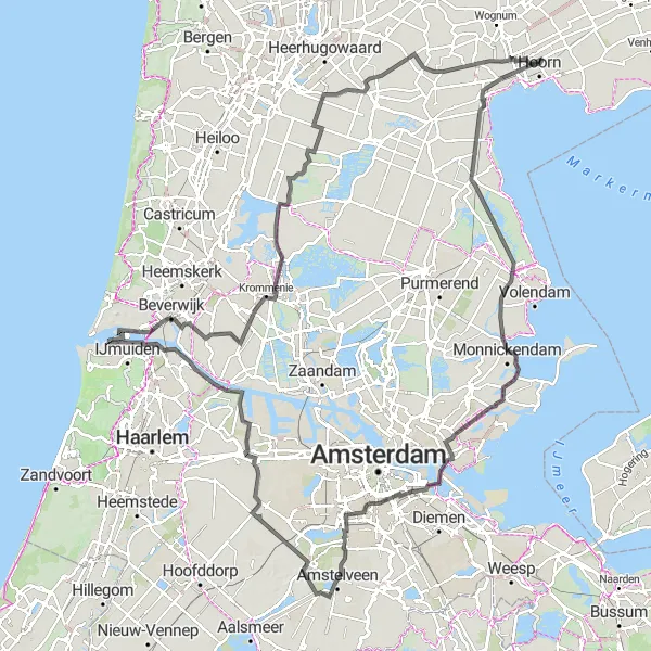 Map miniature of "Road to Hoorn: Exploring Noord-Holland's Unique Landscapes" cycling inspiration in Noord-Holland, Netherlands. Generated by Tarmacs.app cycling route planner