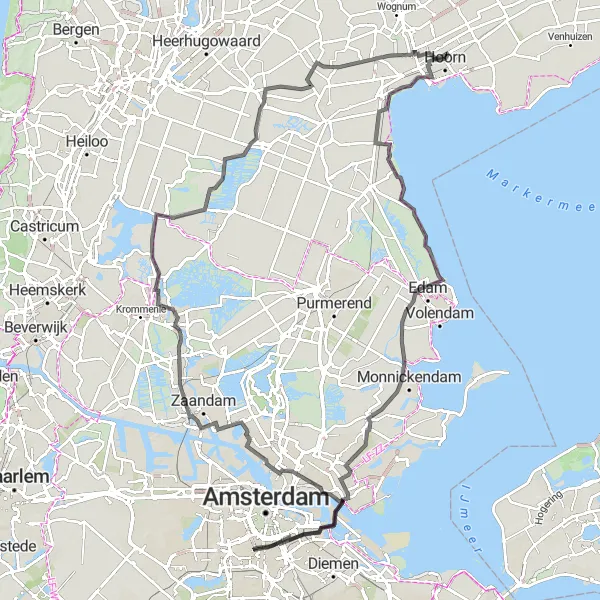 Map miniature of "Mills and Canals adventure" cycling inspiration in Noord-Holland, Netherlands. Generated by Tarmacs.app cycling route planner