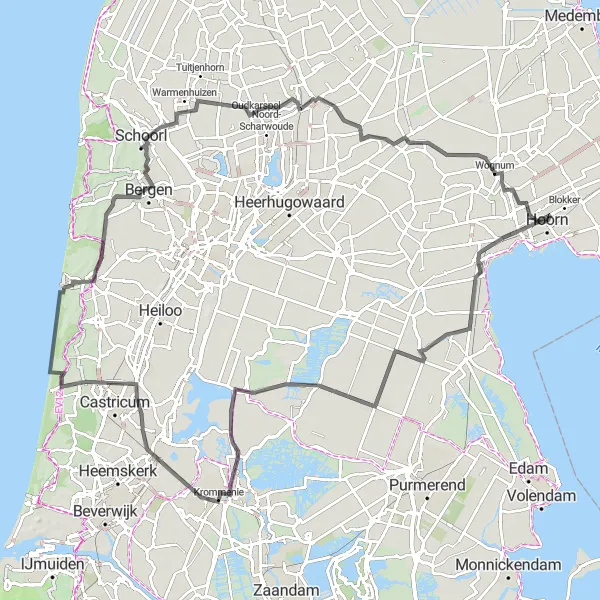 Map miniature of "The Northern Beauty" cycling inspiration in Noord-Holland, Netherlands. Generated by Tarmacs.app cycling route planner