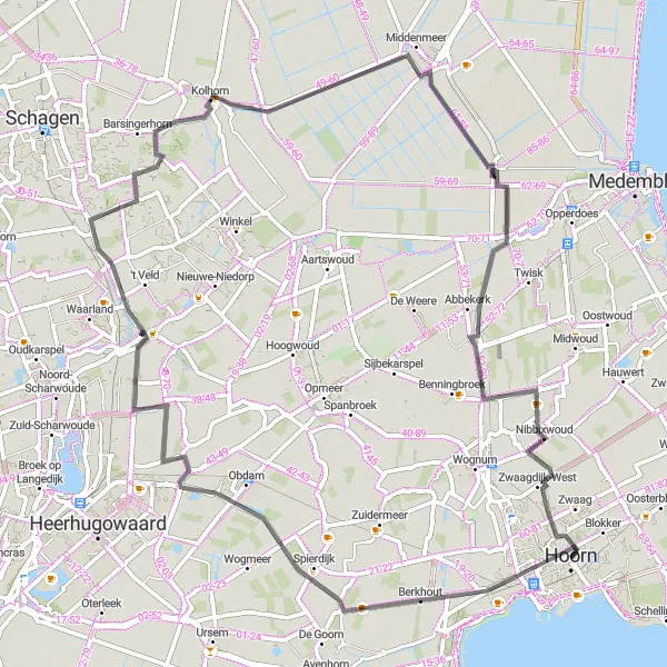 Map miniature of "Hoorn Loop" cycling inspiration in Noord-Holland, Netherlands. Generated by Tarmacs.app cycling route planner