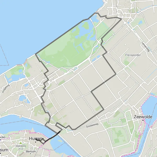 Miniatuurkaart van de fietsinspiratie "Wegroute langs Almere Buiten en Oostvaardersplassen" in Noord-Holland, Netherlands. Gemaakt door de Tarmacs.app fietsrouteplanner