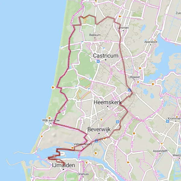 Map miniature of "Coastal Gravel Ride: IJmuiden-IJmuiden Cycling Route" cycling inspiration in Noord-Holland, Netherlands. Generated by Tarmacs.app cycling route planner