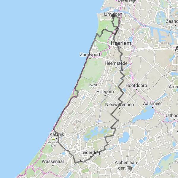 Map miniature of "IJmuiden-Getsewoud Cycling Route" cycling inspiration in Noord-Holland, Netherlands. Generated by Tarmacs.app cycling route planner