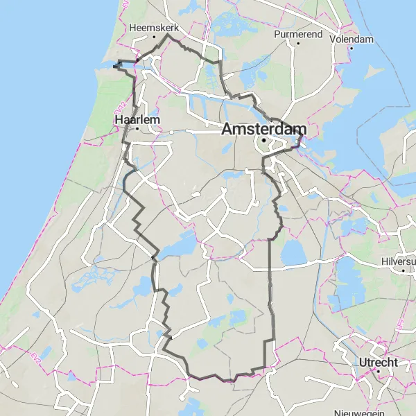 Map miniature of "The Polders and Canals Route" cycling inspiration in Noord-Holland, Netherlands. Generated by Tarmacs.app cycling route planner