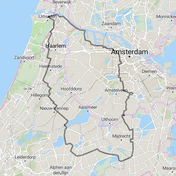 Miniatuurkaart van de fietsinspiratie "Kust en Polders Route" in Noord-Holland, Netherlands. Gemaakt door de Tarmacs.app fietsrouteplanner