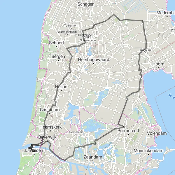 Map miniature of "The Coastal Delight" cycling inspiration in Noord-Holland, Netherlands. Generated by Tarmacs.app cycling route planner