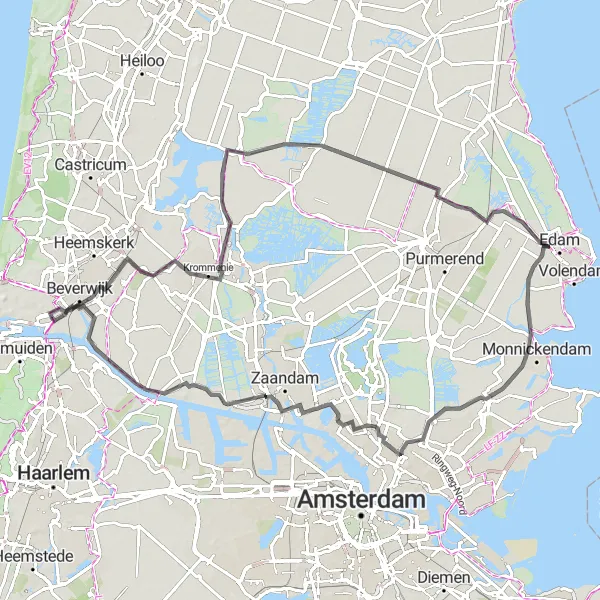 Map miniature of "The Explorers' Route" cycling inspiration in Noord-Holland, Netherlands. Generated by Tarmacs.app cycling route planner