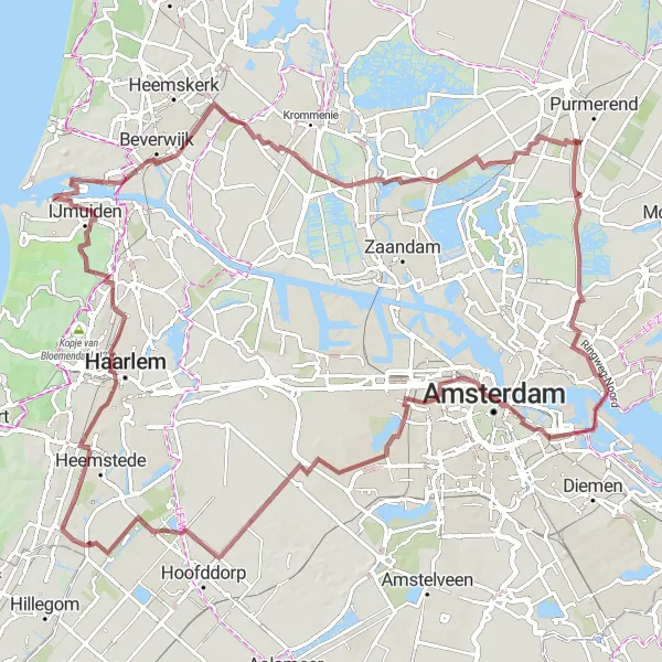 Map miniature of "Watergang, Bennebroek, and Purmerland Odyssey" cycling inspiration in Noord-Holland, Netherlands. Generated by Tarmacs.app cycling route planner