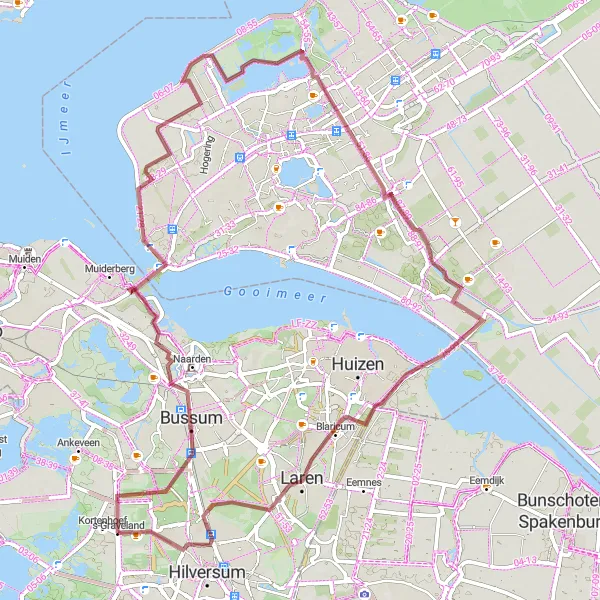 Miniatuurkaart van de fietsinspiratie "Almere Pampus en Laren Grindweg" in Noord-Holland, Netherlands. Gemaakt door de Tarmacs.app fietsrouteplanner
