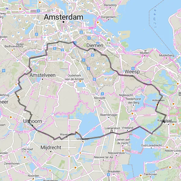 Miniatuurkaart van de fietsinspiratie "Rondje langs de Vecht en Vinkeveense plassen" in Noord-Holland, Netherlands. Gemaakt door de Tarmacs.app fietsrouteplanner