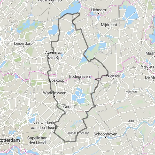 Map miniature of "Scenic Road Cycling to Meije and Rijnsaterwoude" cycling inspiration in Noord-Holland, Netherlands. Generated by Tarmacs.app cycling route planner