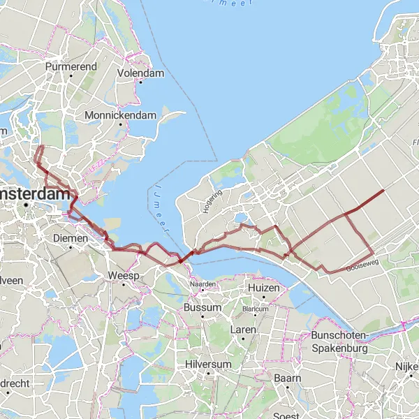 Map miniature of "Landsmeer to Grote Rieteiland (Gravel)" cycling inspiration in Noord-Holland, Netherlands. Generated by Tarmacs.app cycling route planner