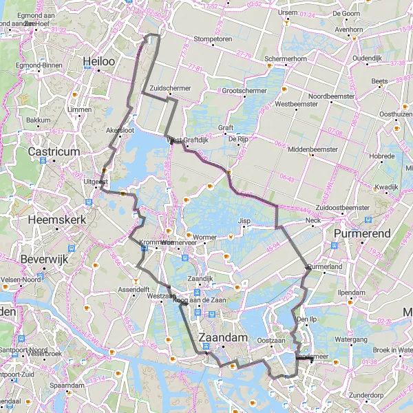 Map miniature of "Wetland Wonder" cycling inspiration in Noord-Holland, Netherlands. Generated by Tarmacs.app cycling route planner