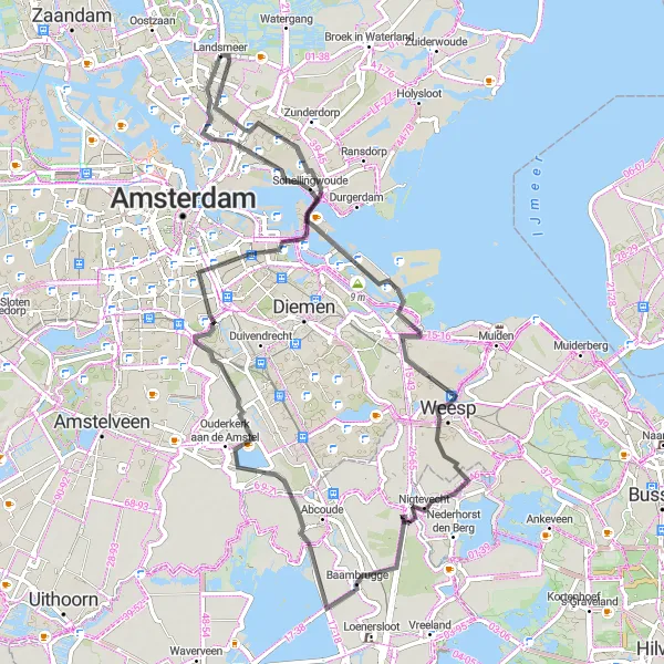 Map miniature of "Landsmeer to Grote Rieteiland" cycling inspiration in Noord-Holland, Netherlands. Generated by Tarmacs.app cycling route planner