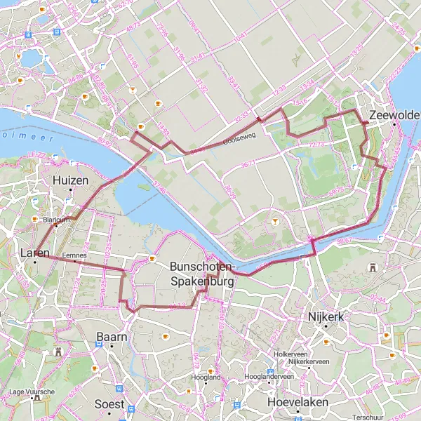 Map miniature of "Laren - Eemmeer - Bunschoten Loop" cycling inspiration in Noord-Holland, Netherlands. Generated by Tarmacs.app cycling route planner