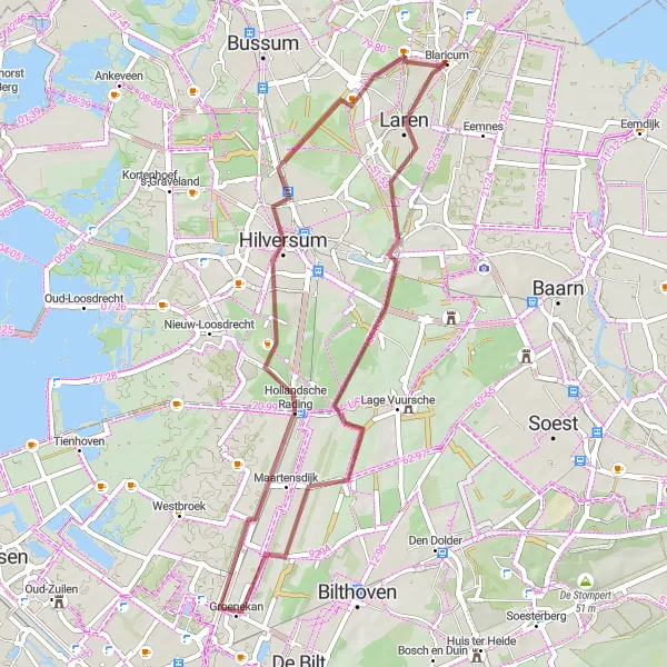 Map miniature of "Laren - Hilversum Round" cycling inspiration in Noord-Holland, Netherlands. Generated by Tarmacs.app cycling route planner