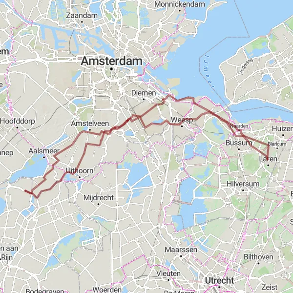 Map miniature of "Laren - Gooimeer - Uithoorn Loop" cycling inspiration in Noord-Holland, Netherlands. Generated by Tarmacs.app cycling route planner