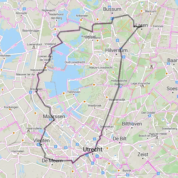 Map miniature of "Road Route - Hilly Hilversum" cycling inspiration in Noord-Holland, Netherlands. Generated by Tarmacs.app cycling route planner