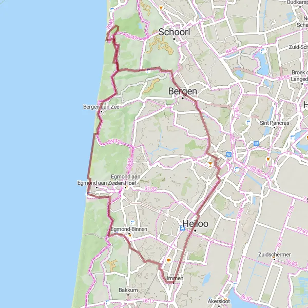 Map miniature of "Gravel Adventure near Limmen" cycling inspiration in Noord-Holland, Netherlands. Generated by Tarmacs.app cycling route planner