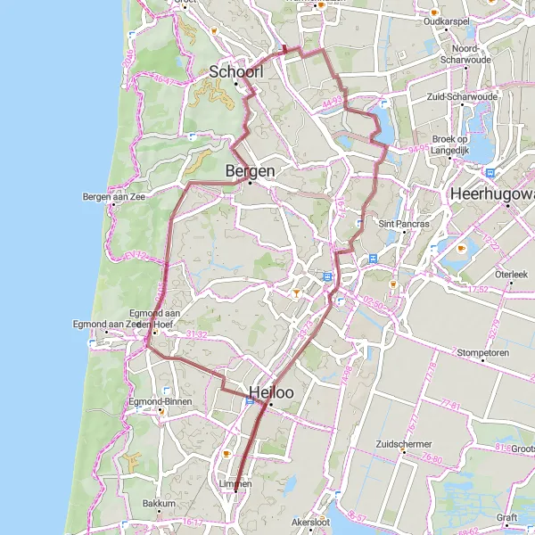 Map miniature of "The Gravel Escape" cycling inspiration in Noord-Holland, Netherlands. Generated by Tarmacs.app cycling route planner