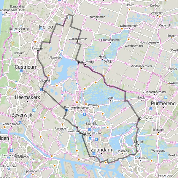 Miniatuurkaart van de fietsinspiratie "Rondrit via Limmen en Het Twiske" in Noord-Holland, Netherlands. Gemaakt door de Tarmacs.app fietsrouteplanner
