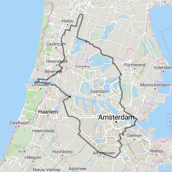 Map miniature of "Road Cycling in Noord-Holland" cycling inspiration in Noord-Holland, Netherlands. Generated by Tarmacs.app cycling route planner