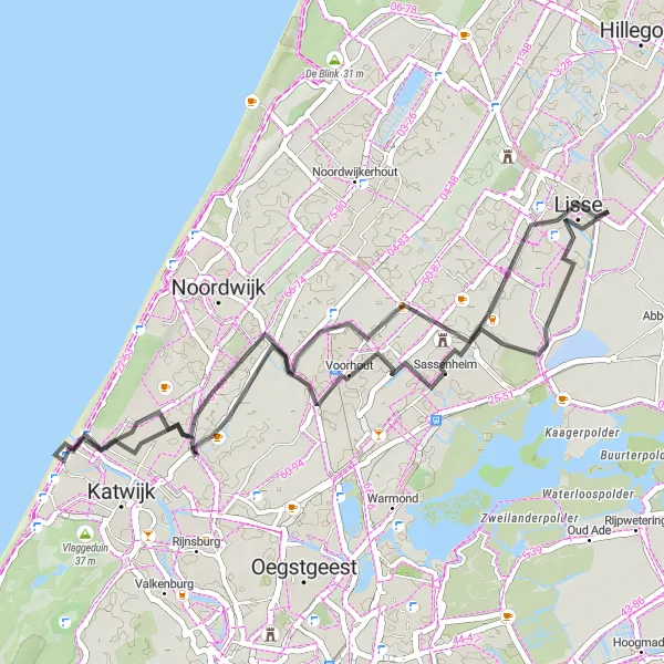 Miniatuurkaart van de fietsinspiratie "Wegroute naar Katwijk en Ruïne van Teylingen" in Noord-Holland, Netherlands. Gemaakt door de Tarmacs.app fietsrouteplanner