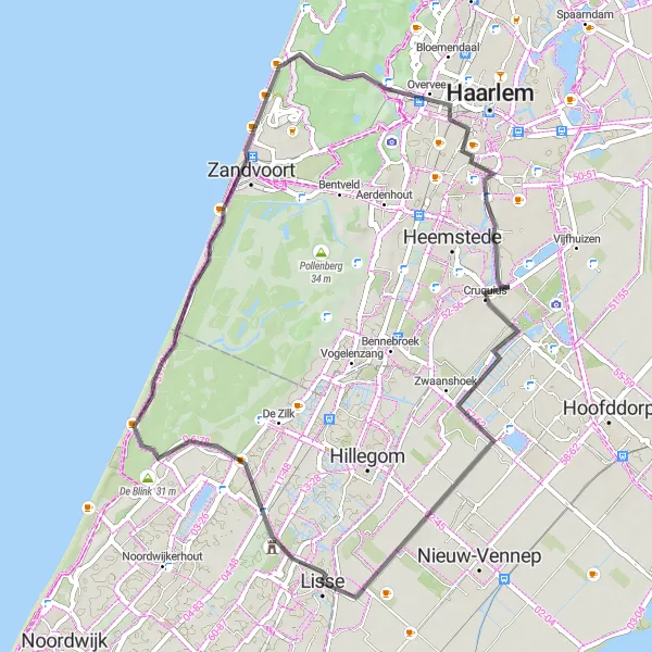Miniatuurkaart van de fietsinspiratie "Wegroute langs Hazenkop en Bloemendaal aan Zee" in Noord-Holland, Netherlands. Gemaakt door de Tarmacs.app fietsrouteplanner