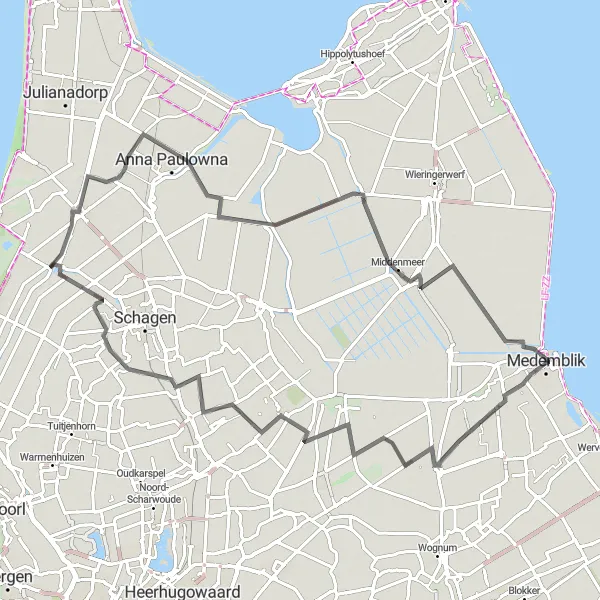 Miniatuurkaart van de fietsinspiratie "Rondje Middenmeer - Wieringerwaard" in Noord-Holland, Netherlands. Gemaakt door de Tarmacs.app fietsrouteplanner