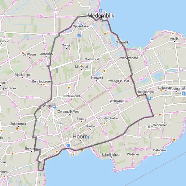 Map miniature of "West Frisian Waterland" cycling inspiration in Noord-Holland, Netherlands. Generated by Tarmacs.app cycling route planner