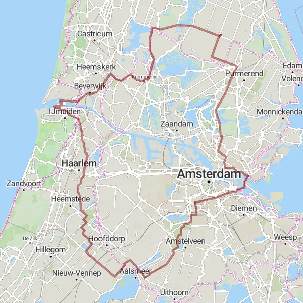 Map miniature of "Gravel Adventure in the Green Heart" cycling inspiration in Noord-Holland, Netherlands. Generated by Tarmacs.app cycling route planner