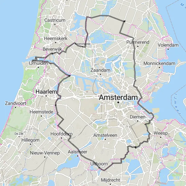 Map miniature of "Water and Nature Route" cycling inspiration in Noord-Holland, Netherlands. Generated by Tarmacs.app cycling route planner