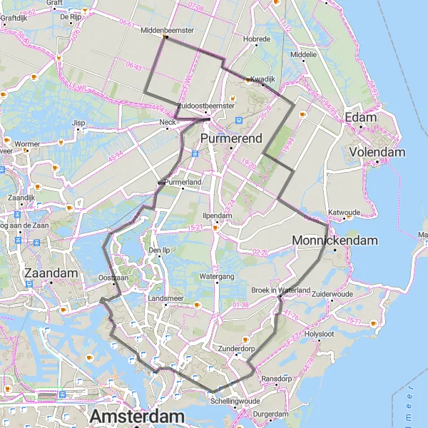 Miniatuurkaart van de fietsinspiratie "Kwadijk - Broek in Waterland - Oostzaan" in Noord-Holland, Netherlands. Gemaakt door de Tarmacs.app fietsrouteplanner