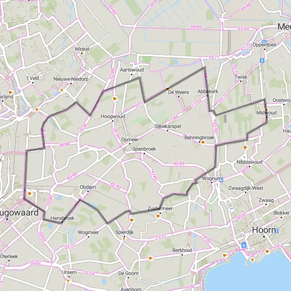 Miniatuurkaart van de fietsinspiratie "Rondje Hensbroek-Gouwe-Midwoud" in Noord-Holland, Netherlands. Gemaakt door de Tarmacs.app fietsrouteplanner