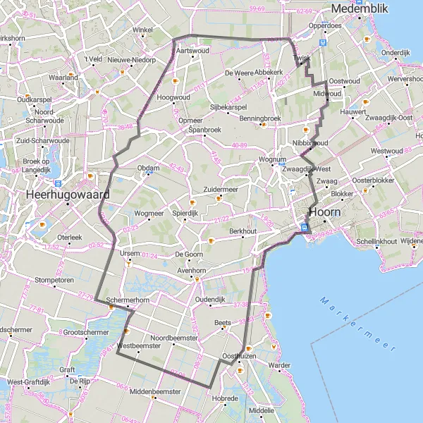 Map miniature of "Twisk and Rustenburg Road Adventure" cycling inspiration in Noord-Holland, Netherlands. Generated by Tarmacs.app cycling route planner