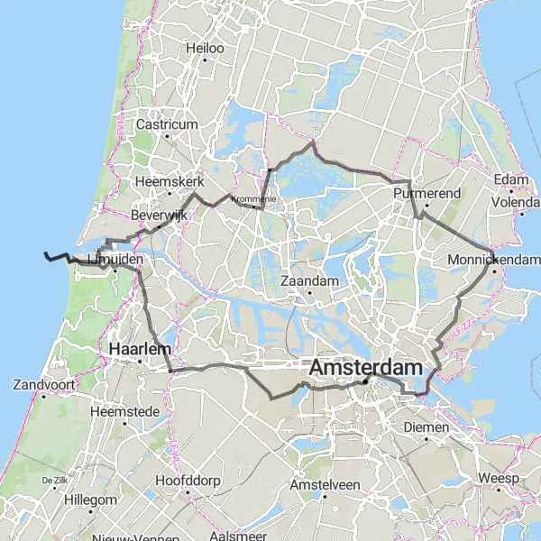 Map miniature of "Historical Villages and Stunning Rooftop Views" cycling inspiration in Noord-Holland, Netherlands. Generated by Tarmacs.app cycling route planner